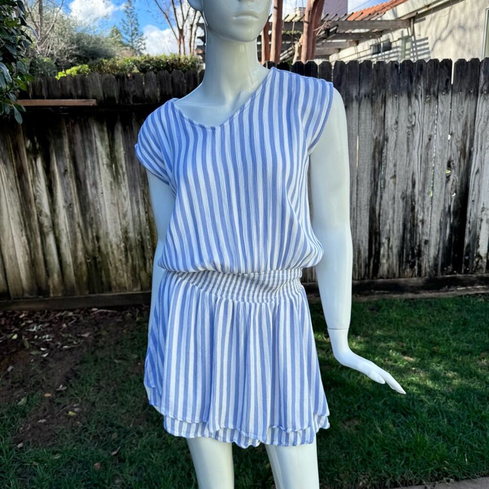 Kori America Blue White Striped Boho Casual Short Dress Women's Size Small